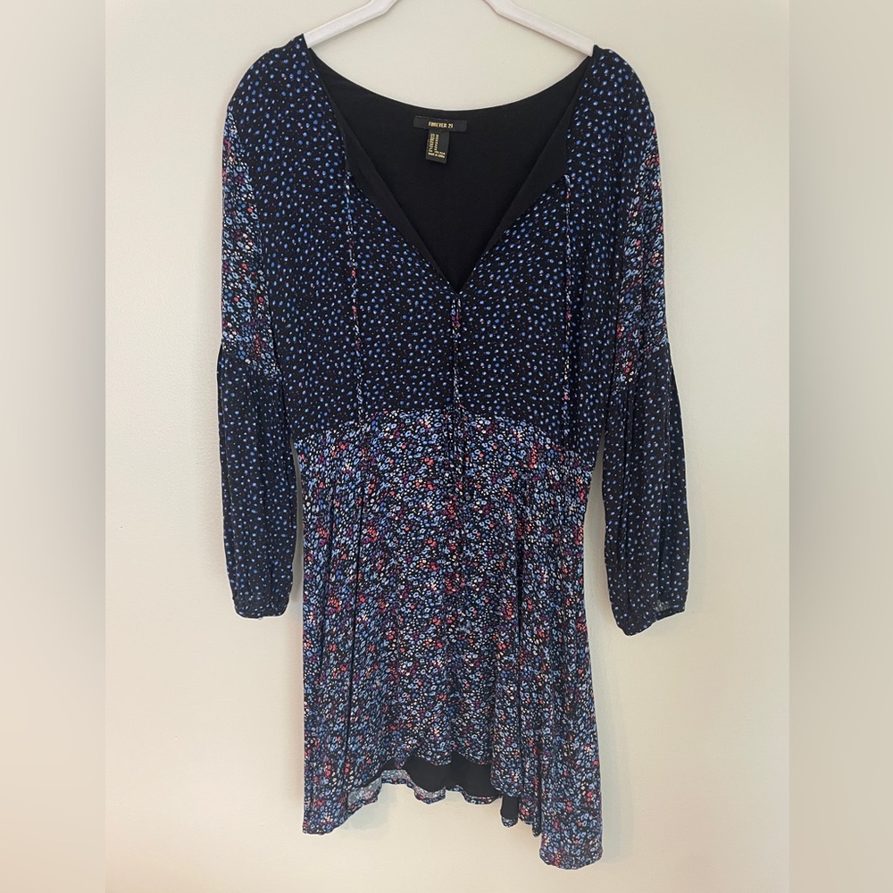 Navy Floral Mini Dress 70s Style